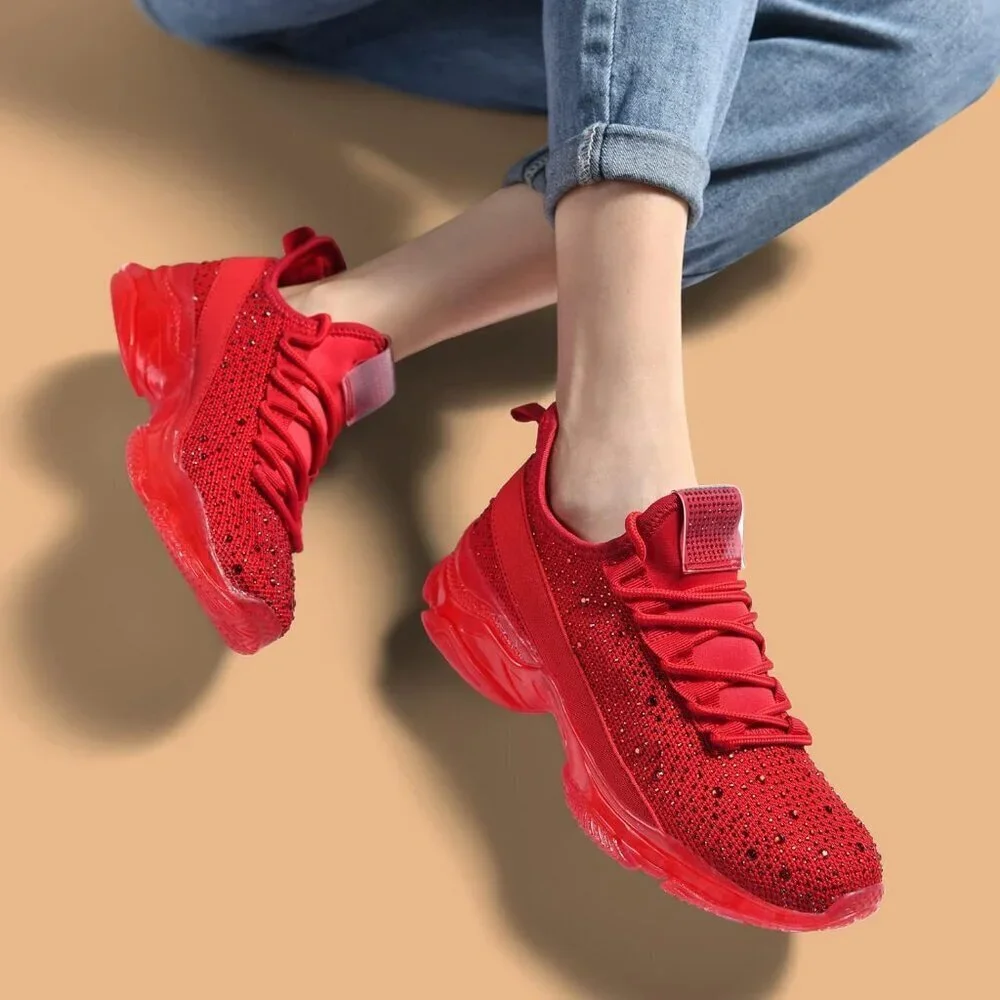 Women's Rhinestone Mesh Slip On Walking Breathable Glitter Red Sneaker Shoes